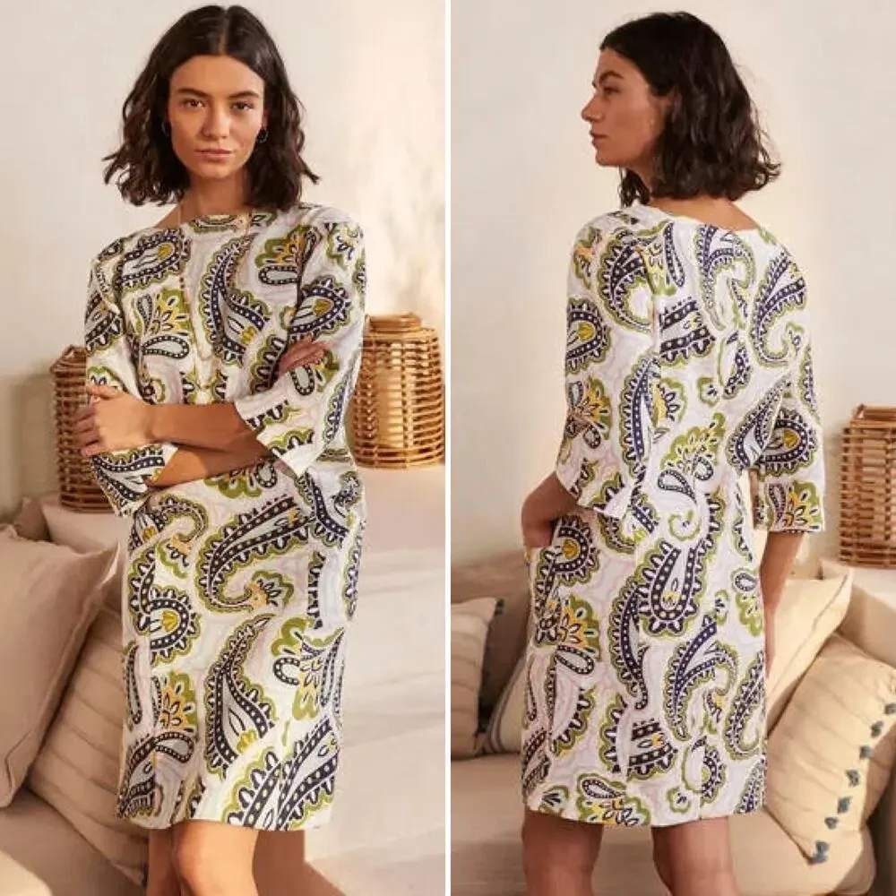Boden Laurie 100% Linen Paisley Print 3/4 Sleeve Multi Dress 2